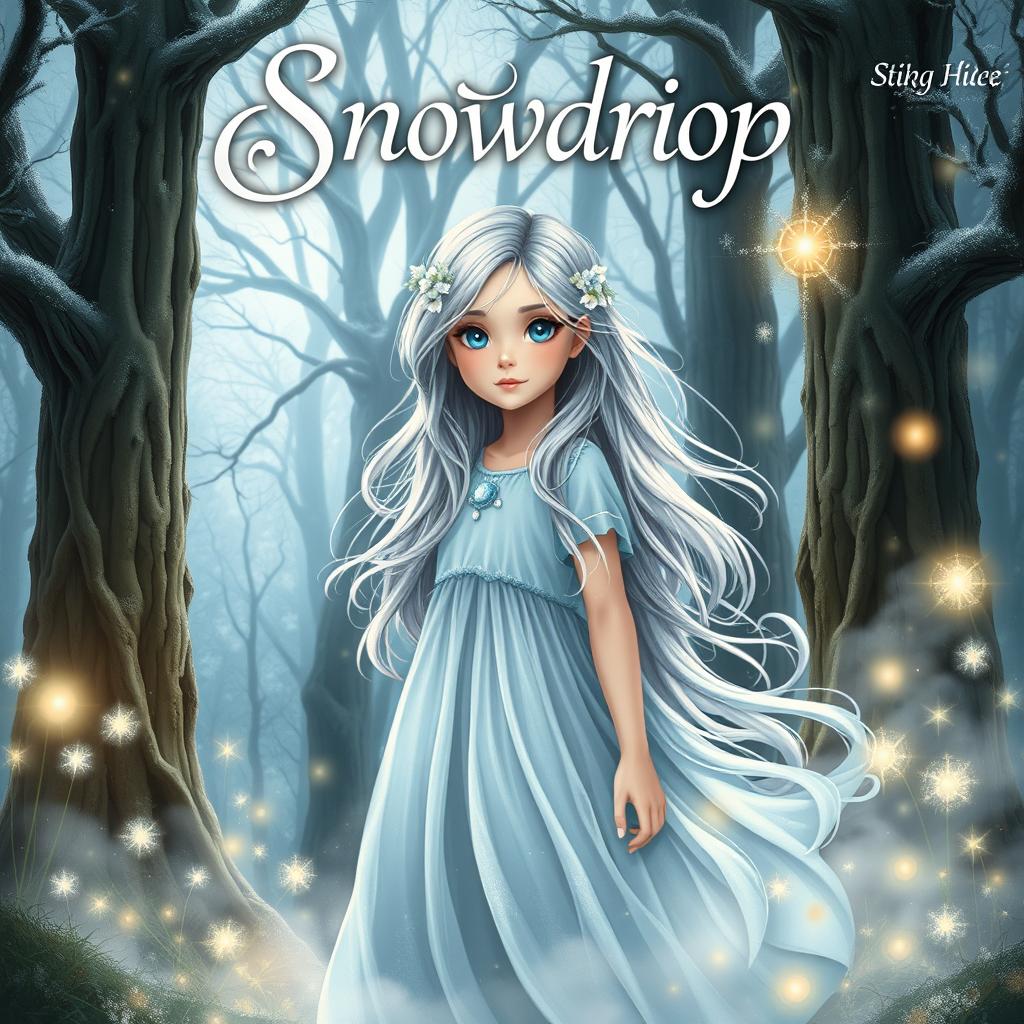 A captivating book cover for a fantasy story titled 'Snowdrop,' featuring a young girl named Snowdrop standing in a magical forest