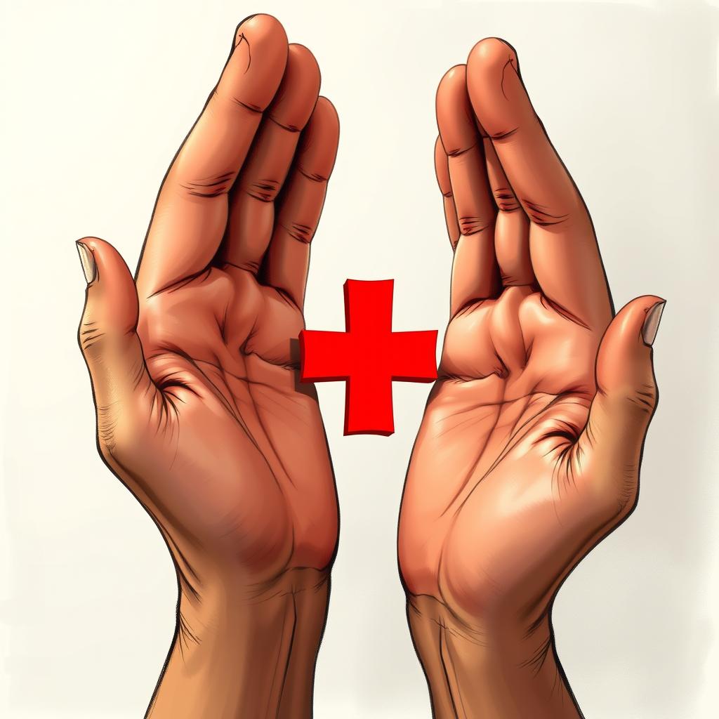 A detailed illustration by a talented artist showing two hands facing each other, palms almost touching, with a vivid red cross symbol superimposed between them