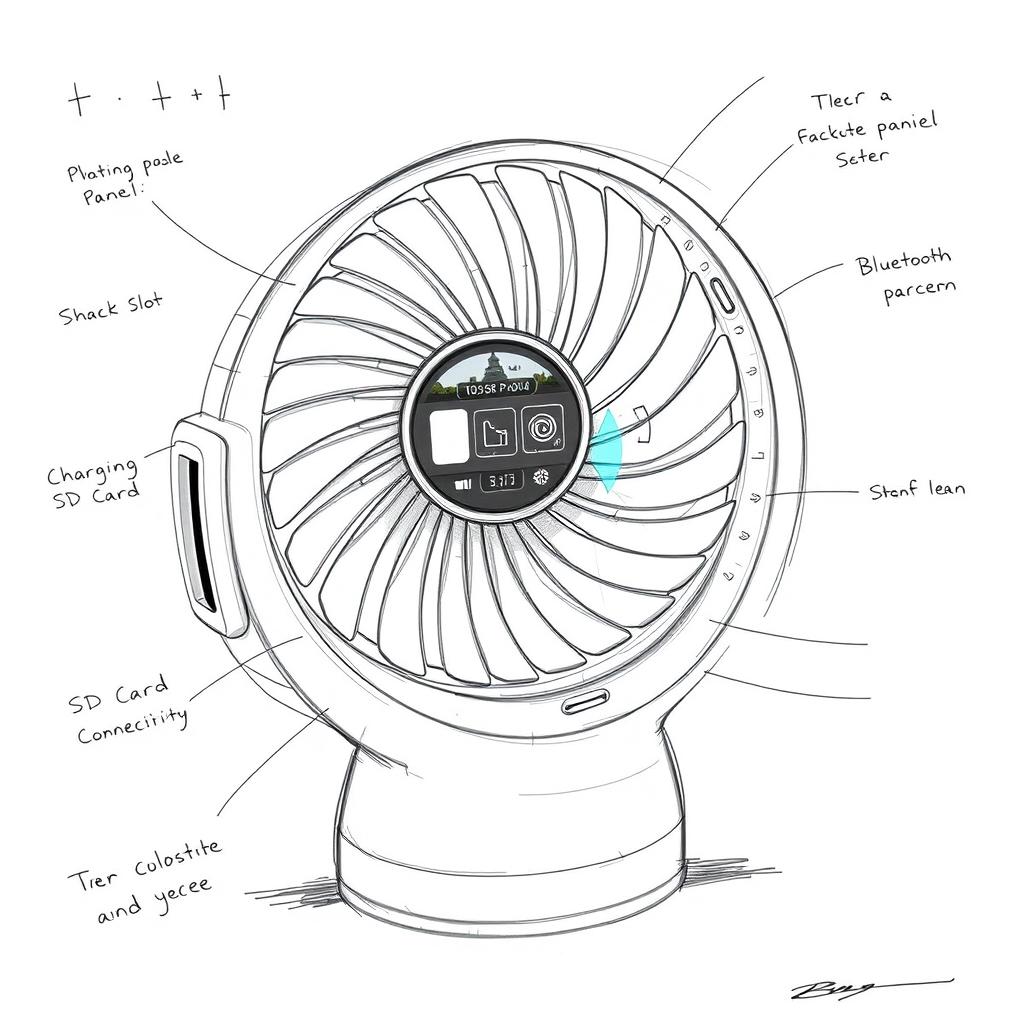A detailed sketch of a funview mini fan designed to resemble a camera lens