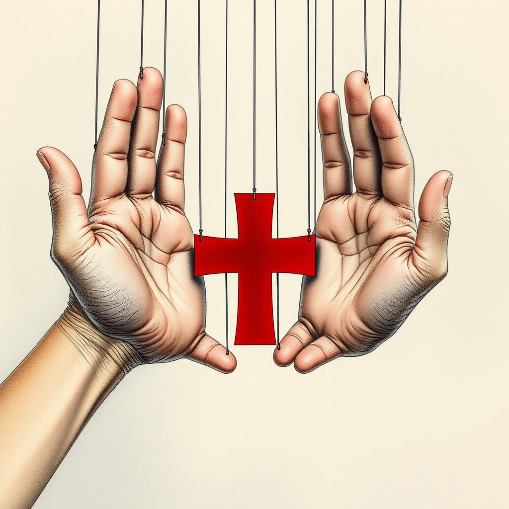 A detailed and accurate reproduction of the original drawing featuring two hands facing each other, palms almost touching, with a vivid red cross symbol prominently placed between them