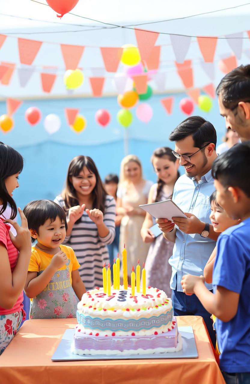 A vibrant and engaging scene depicting a group of adults and children gathered in a bright and colorful outdoor environment, participating in an interactive number guessing game related to dates of birth