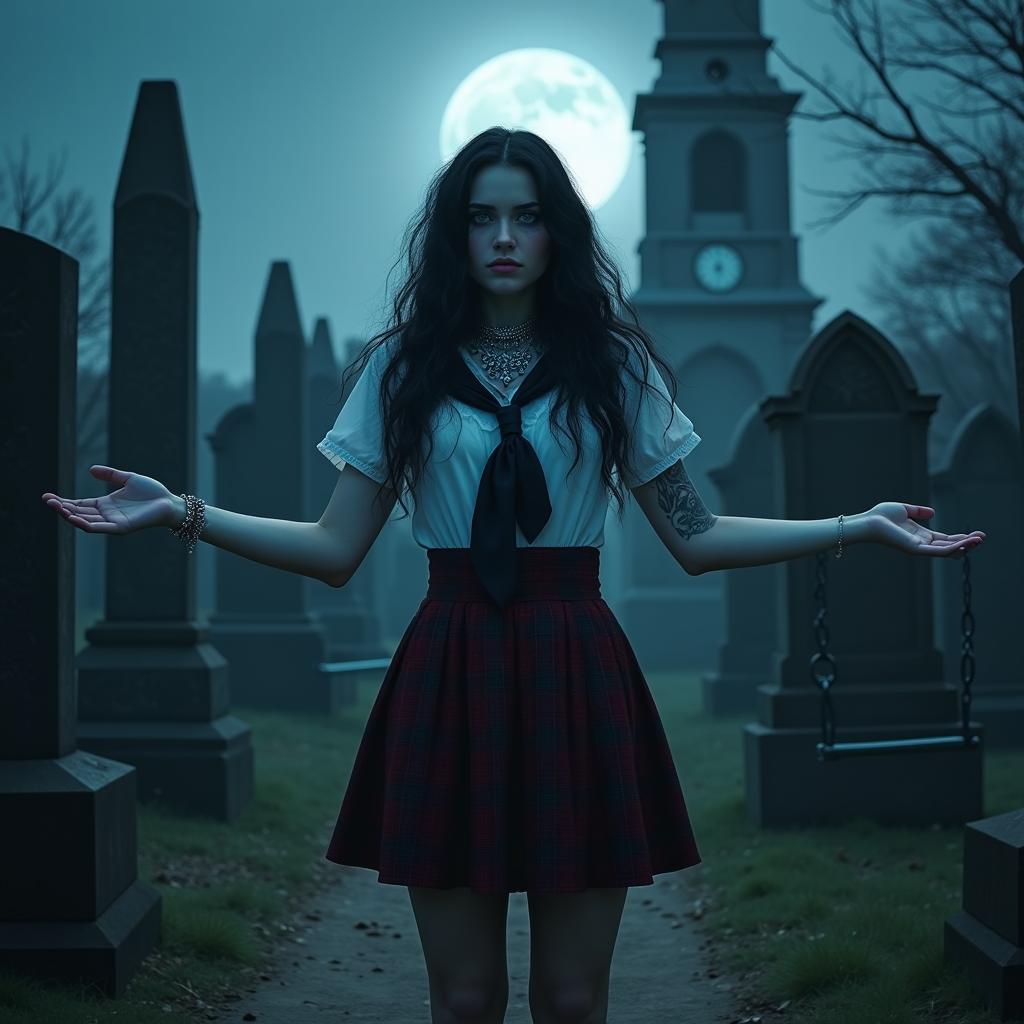 A stunning, sad, curvy 18-year-old girl barefoot welcomes you with her arms outstretched in a haunted cemetery