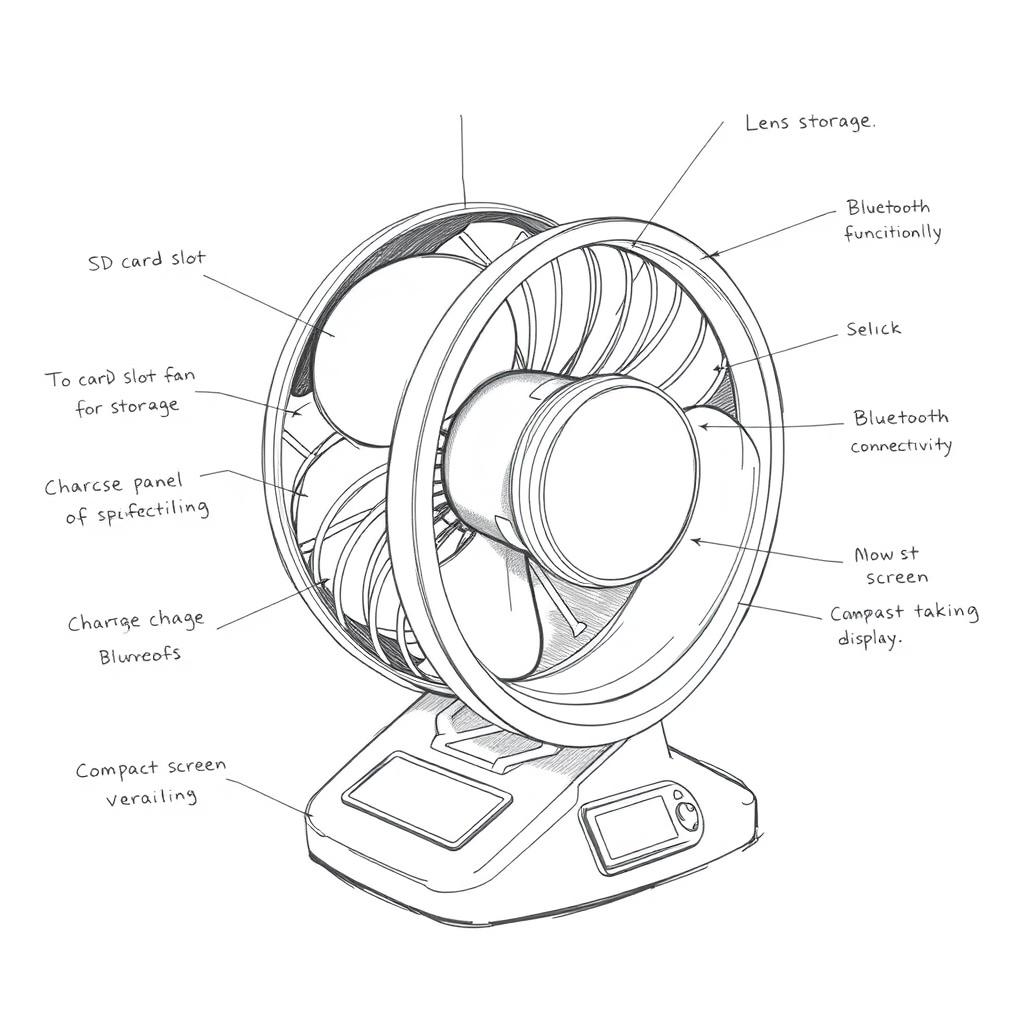 A detailed sketch of a funview mini fan designed to resemble a camera lens
