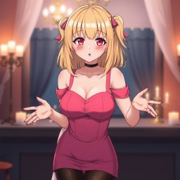 A flustered 20-year-old blond anime girl, blushing with embarrassment, showcasing large breasts in a stylish pink dress with padding and shoulder straps that accentuate her figure