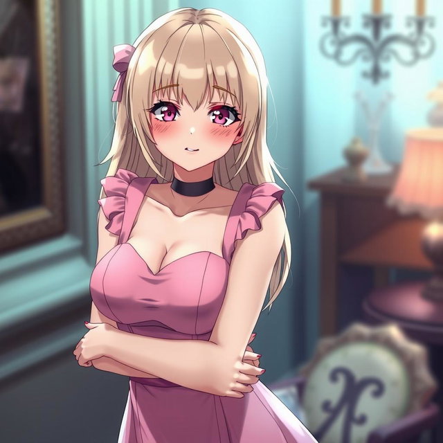 A flustered 20-year-old blond anime girl, blushing with embarrassment, showcasing large breasts in a stylish pink dress with padding and shoulder straps that accentuate her figure