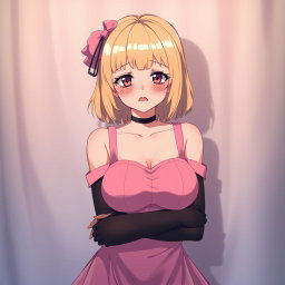 A flustered 20-year-old blond anime girl, blushing with embarrassment, showcasing large breasts in a stylish pink dress with padding and shoulder straps that accentuate her figure