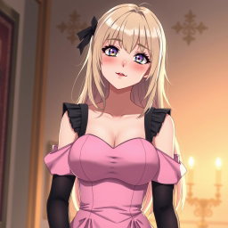 A flustered 20-year-old blond anime girl, blushing with embarrassment, showcasing large breasts in a stylish pink dress with padding and shoulder straps that accentuate her figure