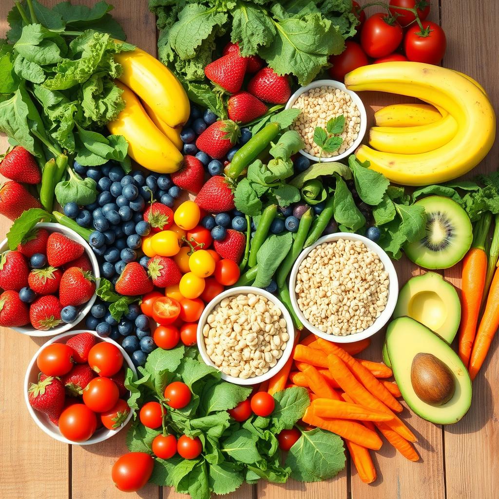 A vibrant and colorful assortment of very healthy food items beautifully arranged on a wooden table