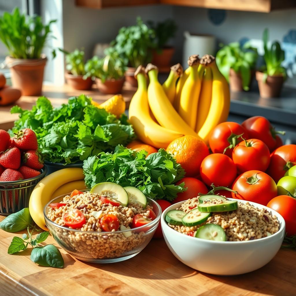 A vibrant and colorful assortment of healthy food items beautifully arranged on a wooden kitchen table