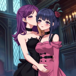 A gothic anime scene featuring a beautiful gothic girl with striking purple hair, wearing a stunning black dress that elegantly showcases her large bust