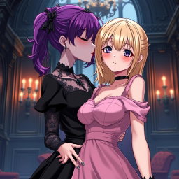 A gothic anime scene featuring a beautiful gothic girl with striking purple hair, wearing a stunning black dress that elegantly showcases her large bust