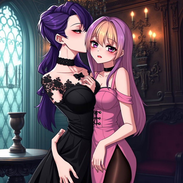 A gothic anime scene featuring a beautiful gothic girl with striking purple hair, wearing a stunning black dress that elegantly showcases her large bust