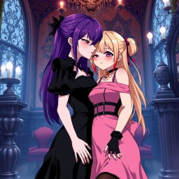 A gothic anime scene featuring a beautiful gothic girl with striking purple hair, wearing a stunning black dress that elegantly showcases her large bust