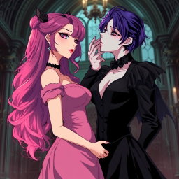 A captivating gothic anime scene featuring a striking gothic girl with vivid purple hair, elegantly dressed in a beautiful black gown that accentuates her large bust