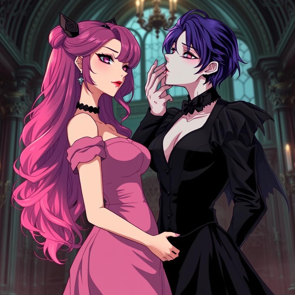 A captivating gothic anime scene featuring a striking gothic girl with vivid purple hair, elegantly dressed in a beautiful black gown that accentuates her large bust