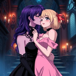 A captivating gothic anime scene featuring a striking gothic girl with vivid purple hair, elegantly dressed in a beautiful black gown that accentuates her large bust