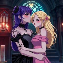 A captivating gothic anime scene featuring a striking gothic girl with vivid purple hair, elegantly dressed in a beautiful black gown that accentuates her large bust
