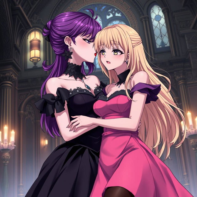 A captivating gothic anime scene featuring a striking gothic girl with vivid purple hair, elegantly dressed in a beautiful black gown that accentuates her large bust