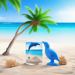 Display a serene, sunny beach with clear blue water and white sand. Add a vibrant palm tree on the beach, an indigo colored seashell next to it, and a playful dolphin jumping out of the water in the background.