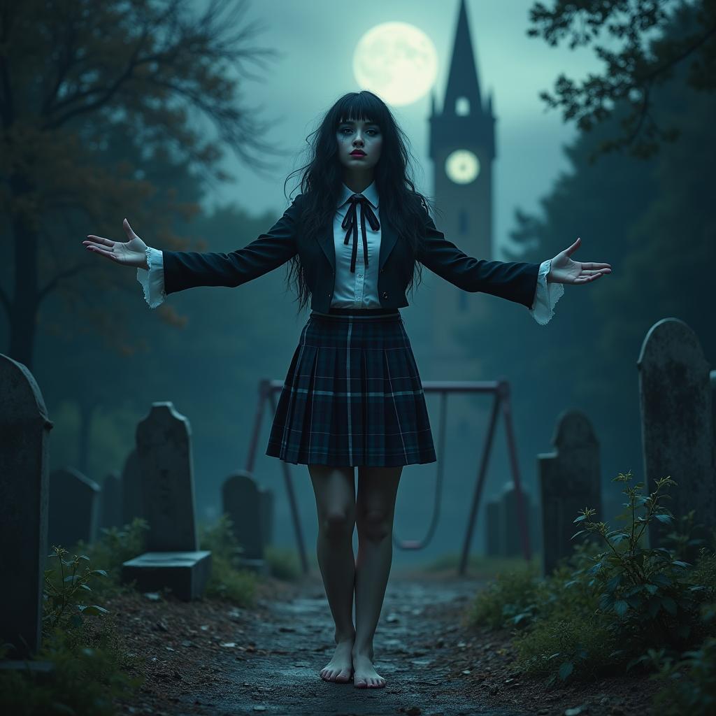 A beautiful, stunning, and curvy girl, barefoot, stands in a haunted cemetery at midnight, welcoming you with her arms outstretched