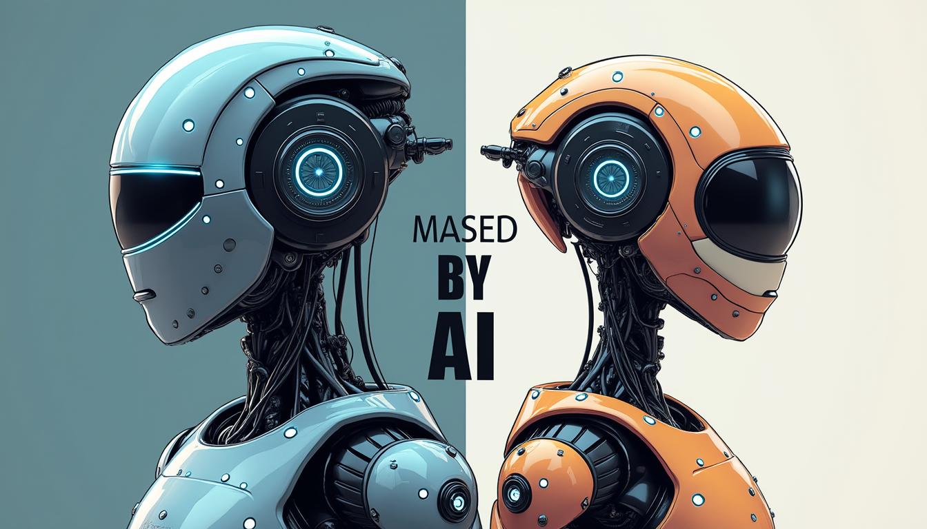 A logo design divided into two sides: the left side features a hyperrealistic depiction of an advanced AI robot with intricate details and high-definition textures, showcasing metallic surfaces and glowing LED components