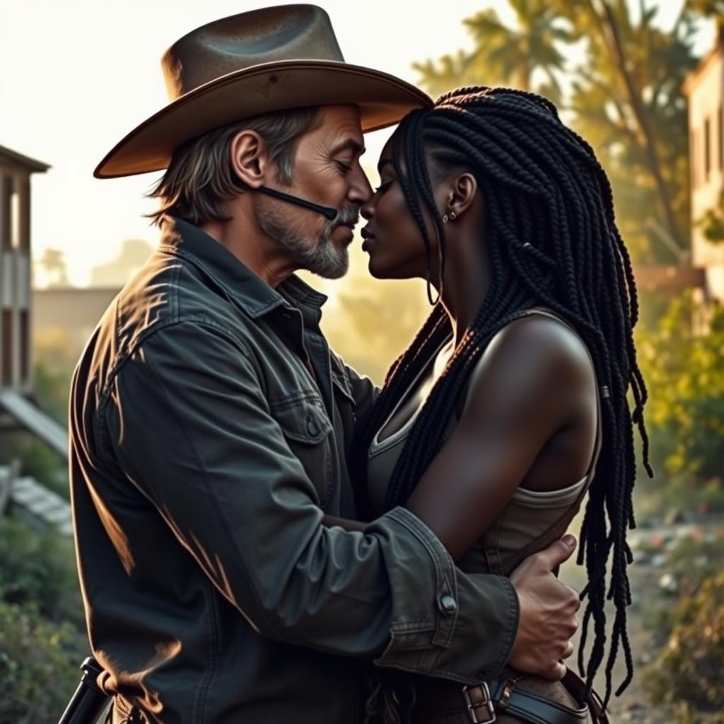 A romantic scene featuring Rick Grimes and Michonne from the TV series 'The Walking Dead', sharing a tender kiss