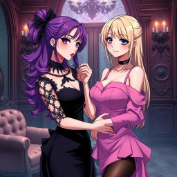 A beautiful gothic anime girl with striking purple hair, elegantly dressed in a stunning black dress that accentuates her large bust