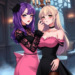A beautiful gothic anime girl with striking purple hair, elegantly dressed in a stunning black dress that accentuates her large bust