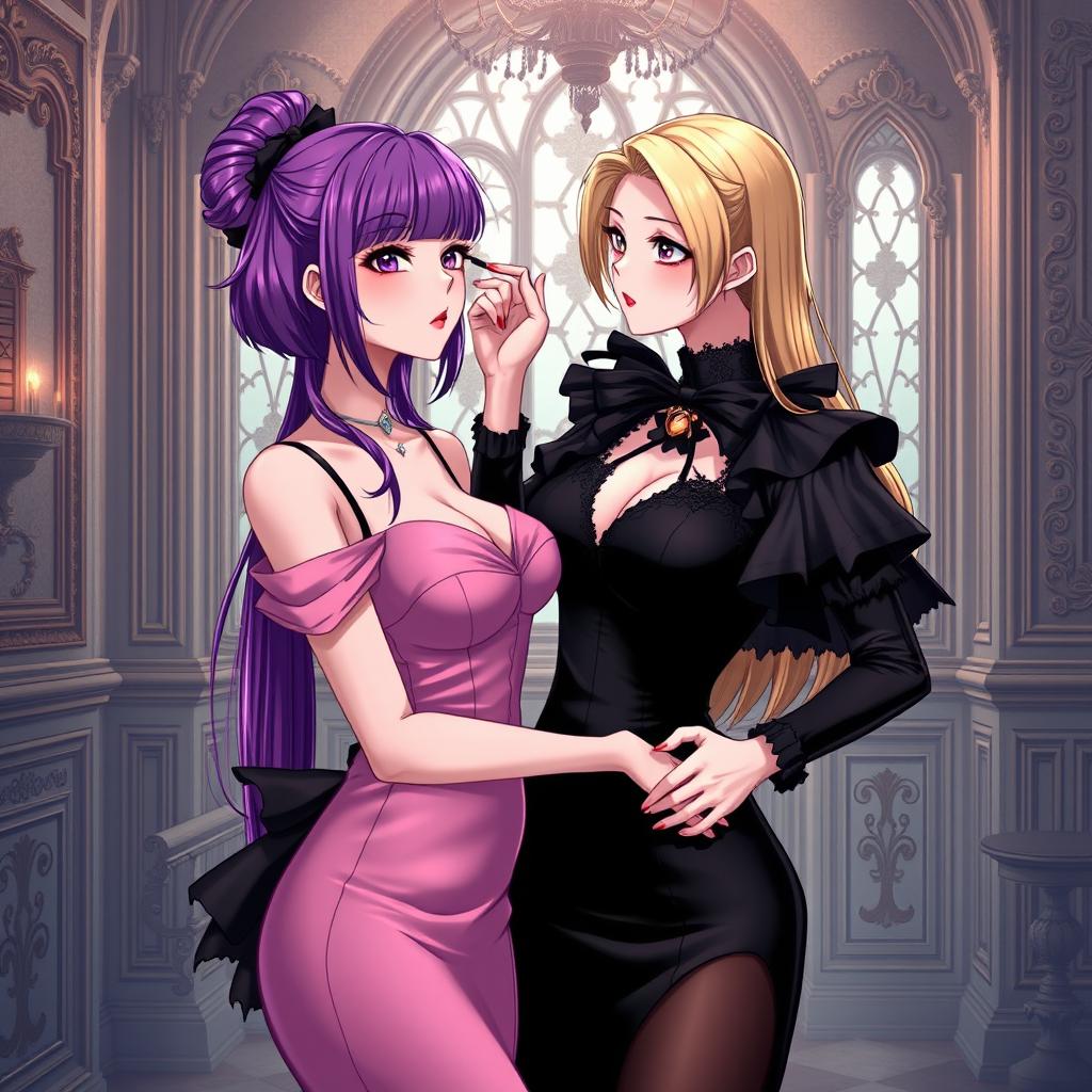 A beautiful gothic anime girl with striking purple hair, elegantly dressed in a stunning black dress that accentuates her large bust