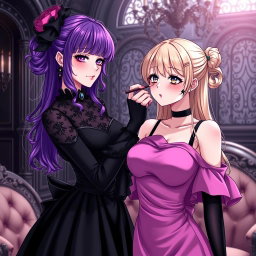 A beautiful gothic anime girl with striking purple hair, elegantly dressed in a stunning black dress that accentuates her large bust