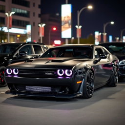 A stunning black Dodge Challenger, sporty and sleek with illuminated headlights, parked next to a black sporty Peugeot 405, showcasing their dynamic and stylish designs