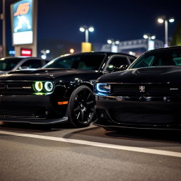 A stunning black Dodge Challenger, sporty and sleek with illuminated headlights, parked next to a black sporty Peugeot 405, showcasing their dynamic and stylish designs