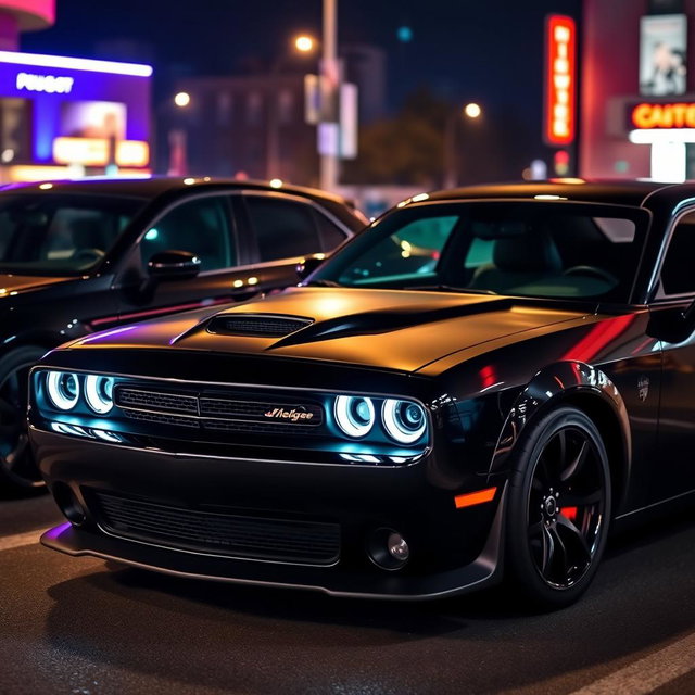 A stunning black Dodge Challenger, sporty and sleek with illuminated headlights, parked next to a black sporty Peugeot 405, showcasing their dynamic and stylish designs