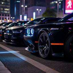 A stunning black Dodge Challenger, sporty and sleek with illuminated headlights, parked next to a black sporty Peugeot 405, showcasing their dynamic and stylish designs