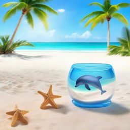 Display a serene, sunny beach with clear blue water and white sand. Add a vibrant palm tree on the beach, an indigo colored seashell next to it, and a playful dolphin jumping out of the water in the background.