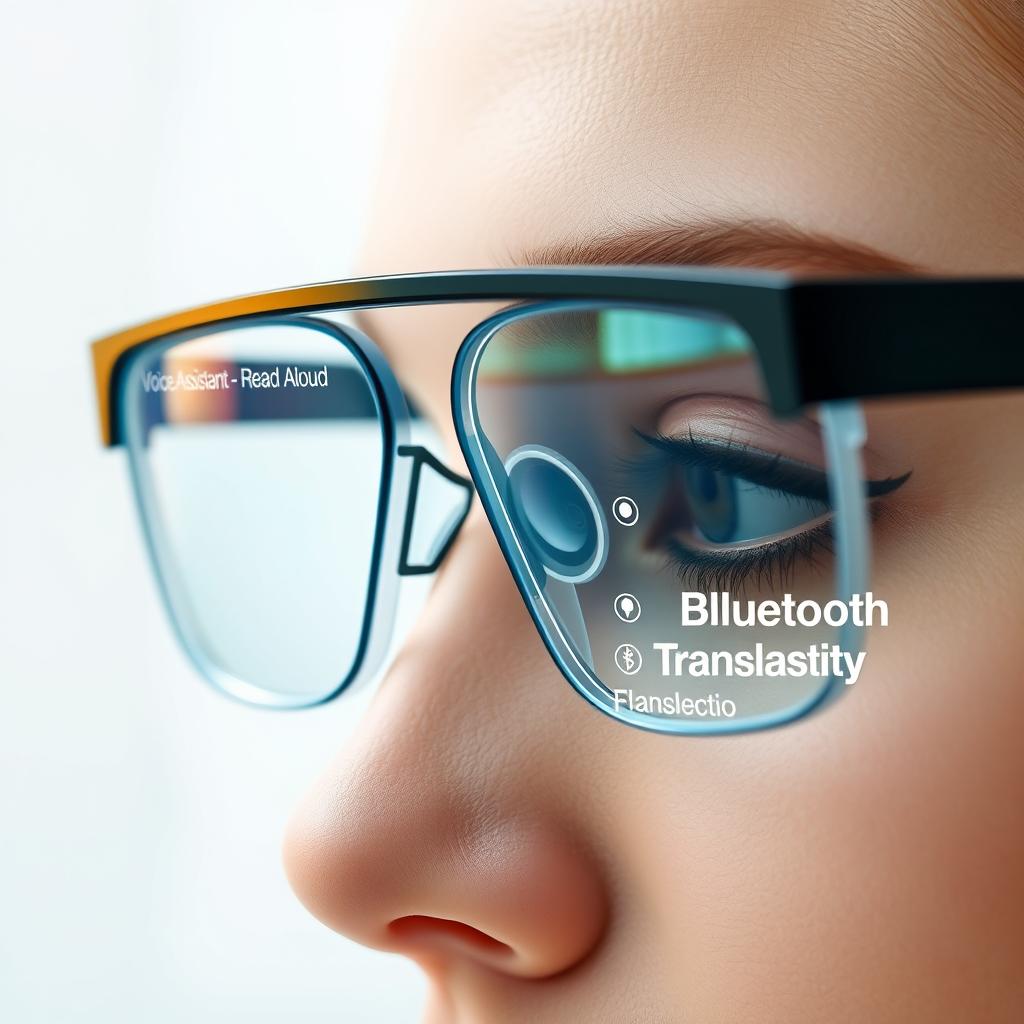 A close-up view of smart eyeglasses featuring advanced technology