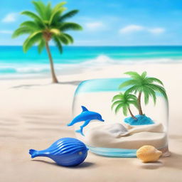 Display a serene, sunny beach with clear blue water and white sand. Add a vibrant palm tree on the beach, an indigo colored seashell next to it, and a playful dolphin jumping out of the water in the background.