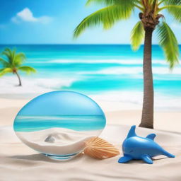 Display a serene, sunny beach with clear blue water and white sand. Add a vibrant palm tree on the beach, an indigo colored seashell next to it, and a playful dolphin jumping out of the water in the background.