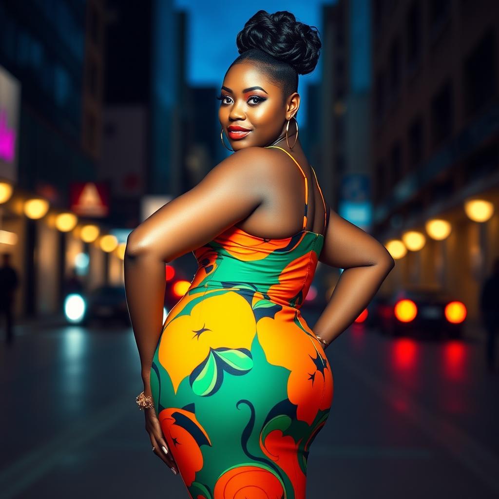 A stunning portrait of a confident black woman showcasing her curves, dressed in a vibrant, form-fitting dress that accentuates her figure