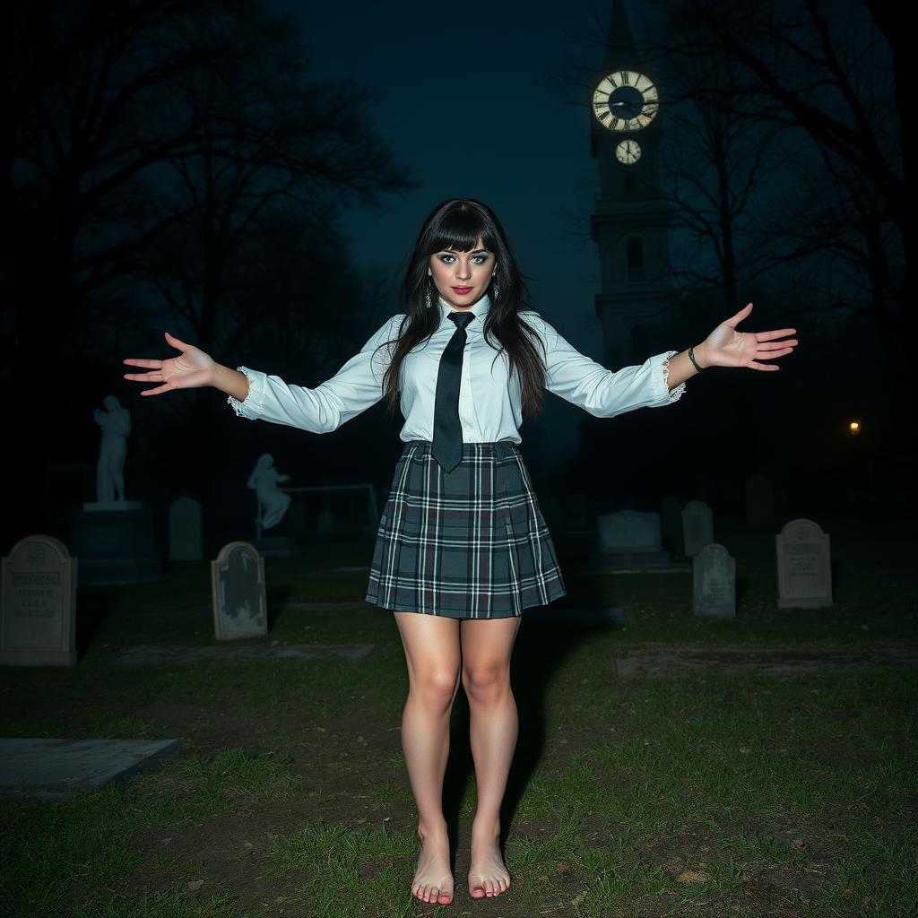 A beautiful, stunning, curvy 18-year-old girl, barefoot, stands in a haunted and lightly wooded cemetery at midnight, welcoming you with her arms outstretched