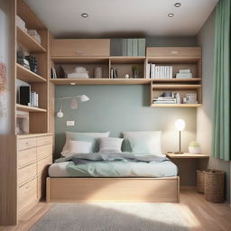 A small-size bedroom designed in a cozy style, featuring a medium-sized bed, a study table, two bookcases and two closets, all arranged to maximize the use of space.