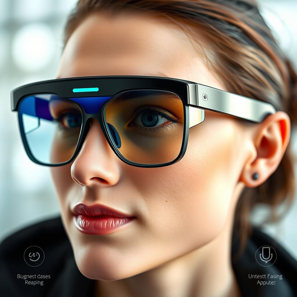 A pair of futuristic smart lens eyeglasses featuring sleek design with an advanced AI voice assistant