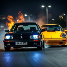 A black Peugeot 405 racing against a golden Porsche at night