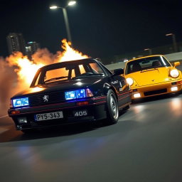 A black Peugeot 405 racing against a golden Porsche at night