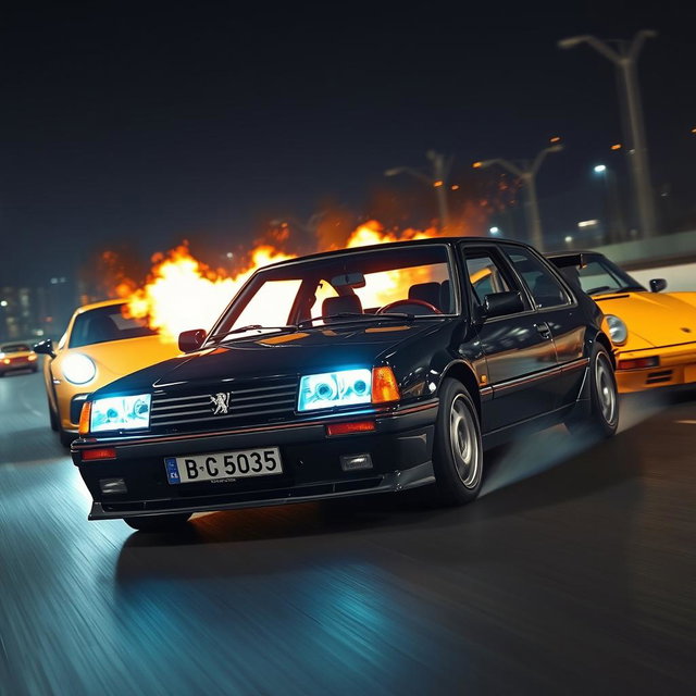 A black Peugeot 405 racing against a golden Porsche at night