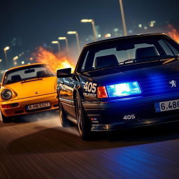 A black Peugeot 405 racing against a golden Porsche at night