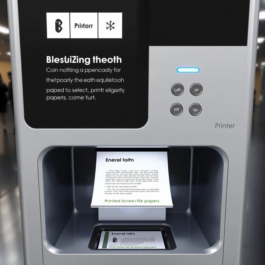 A modern printer vending machine featuring a sleek design that highlights its Bluetooth connectivity with mobile phones for easy file printing