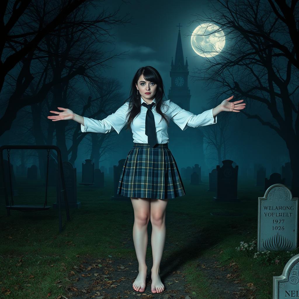 A beautiful, stunning, and curvy 18-year-old girl, barefoot, stands in a haunted, lightly wooded cemetery at midnight, welcoming you with her arms outstretched
