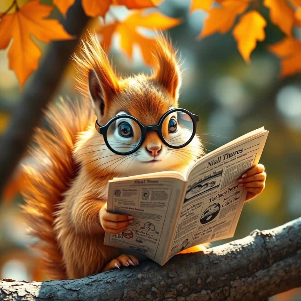 A charming and quirky nerdy squirrel wearing large round glasses, intently reading a newspaper while perched on a tree branch