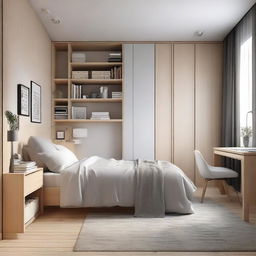 A small-size bedroom designed in a cozy style, featuring a medium-sized bed, a study table, two bookcases and two closets, all arranged to maximize the use of space.